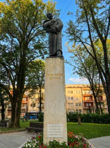 Visoki kameni postolje sa bronzanom statuom književnika Petra Kočića, smješteno u uređenom gradskom parku sa drvećem i zgradama u pozadini