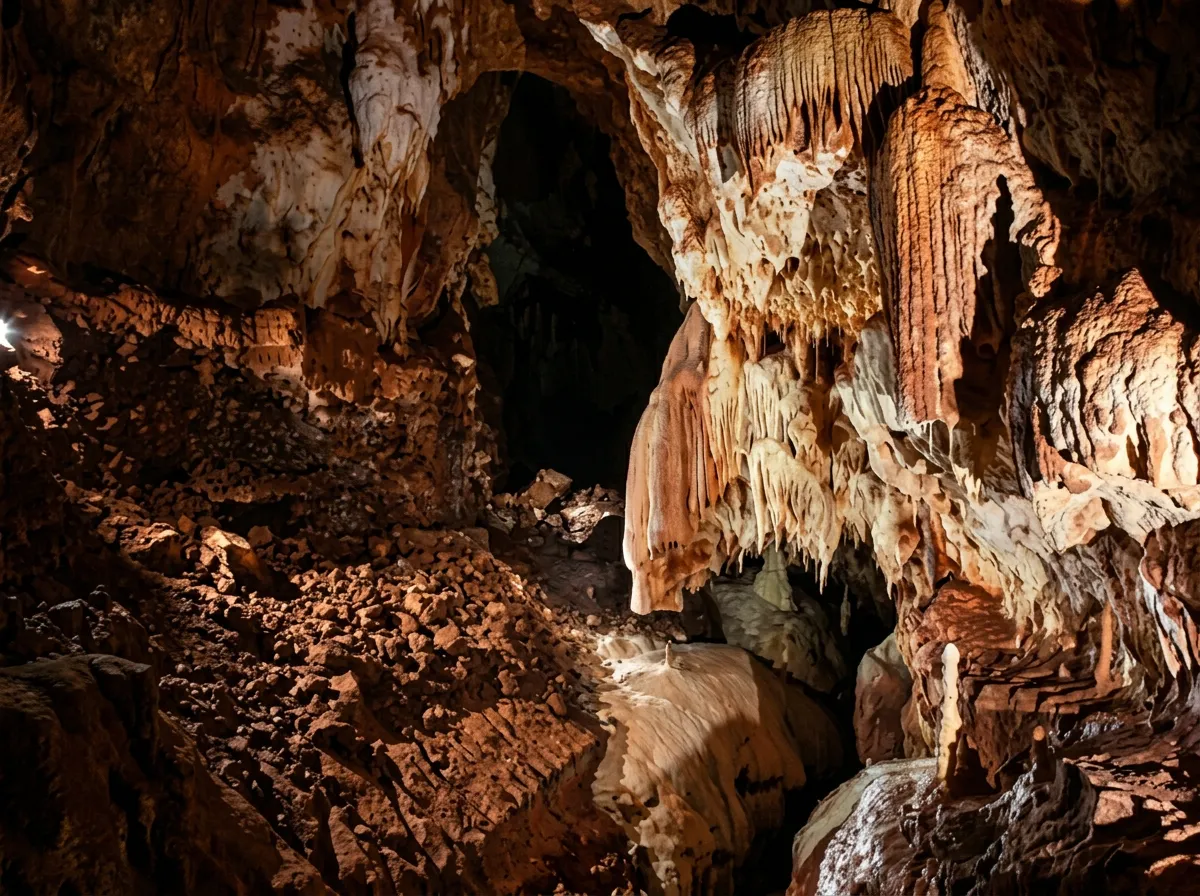 Pogled prema mračnom, dubokom prolazu i visokom svodu pećine Provalija, sa masivnim pećinskim nakitom, stalaktitima i stalagmitima na stjenovitim zidovima