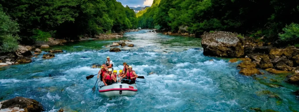 Rafting na rijeci Tari Grupa turista na raftingu kroz brzake rijeke Tare, okruženi gustom šumom i kanjonom