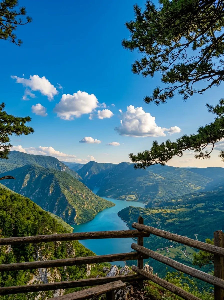Vista panoramica spettacolare da un belvedere in legno sul magnifico intreccio e meandro del fiume Tara azzurro, che serpeggia sul fondo di un profondo canyon sotto il cielo sereno e le nuvole bianche