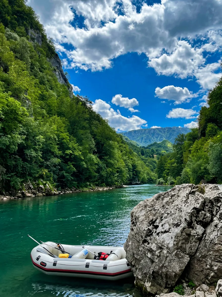 Un gommone da rafting assicurato sulla riva accanto a una grande roccia, mentre il limpido fiume Tara, di colore verde smeraldo, scorre attraverso un profondo canyon circondato da ripide pareti boscose