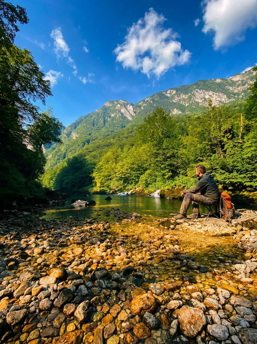 Un uomo siede sulla riva ghiaiosa e osserva la superficie calma del fiume Tara, in cui si riflettono gli alberi verde intenso e le alte catene montuose sullo sfondo