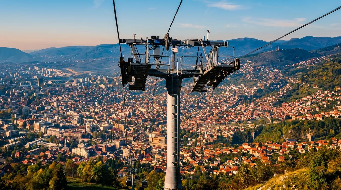 Sarajevo teleferiğinin direk yapısının yakın plan görüntüsü, arka planda gün batımı sırasında Sarajevo’nun görkemli panoraması
