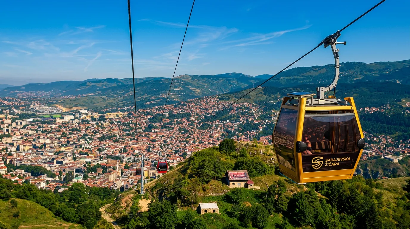 Hareket halindeki sarı Sarajevo teleferiği kabini, yolculara tüm Sarajevo vadisi ve çevredeki tepelerin açık manzarasını sunuyor