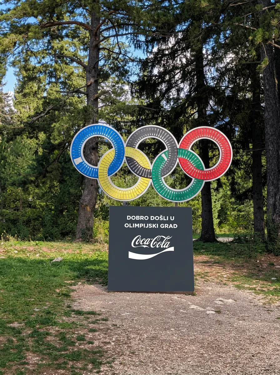 Büyük, renkli olimpiyat halkaları ve “Olimpik şehre hoş geldiniz” yazılı tabela, teleferiğin varış istasyonu yakınındaki ormanlık alanda yer alıyor
