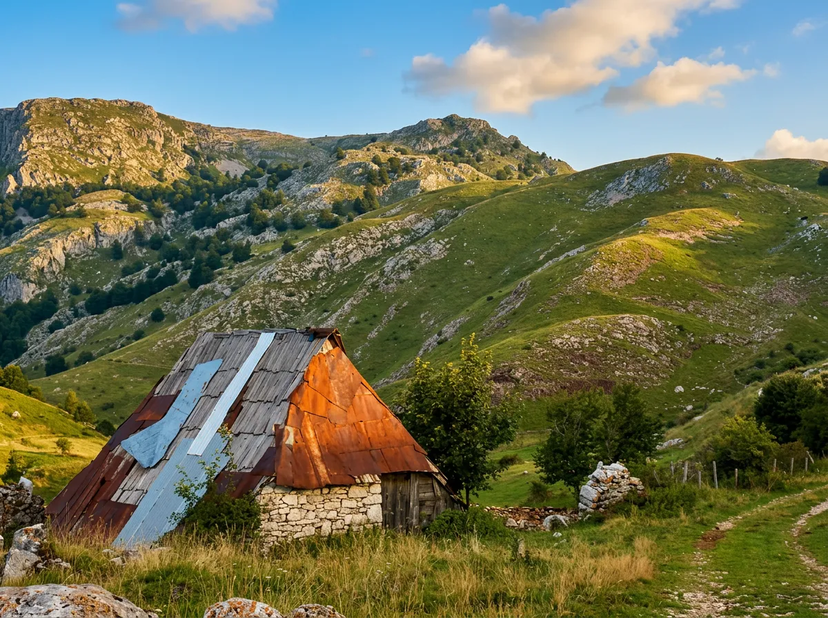 Stara, avtentična pastirska koča s kamnitimi zidovi in zarjavelim pločevinastim strešnim kritjem na zelenih, hribovitih pobočjih vasi Umoljani na Bjelašnici