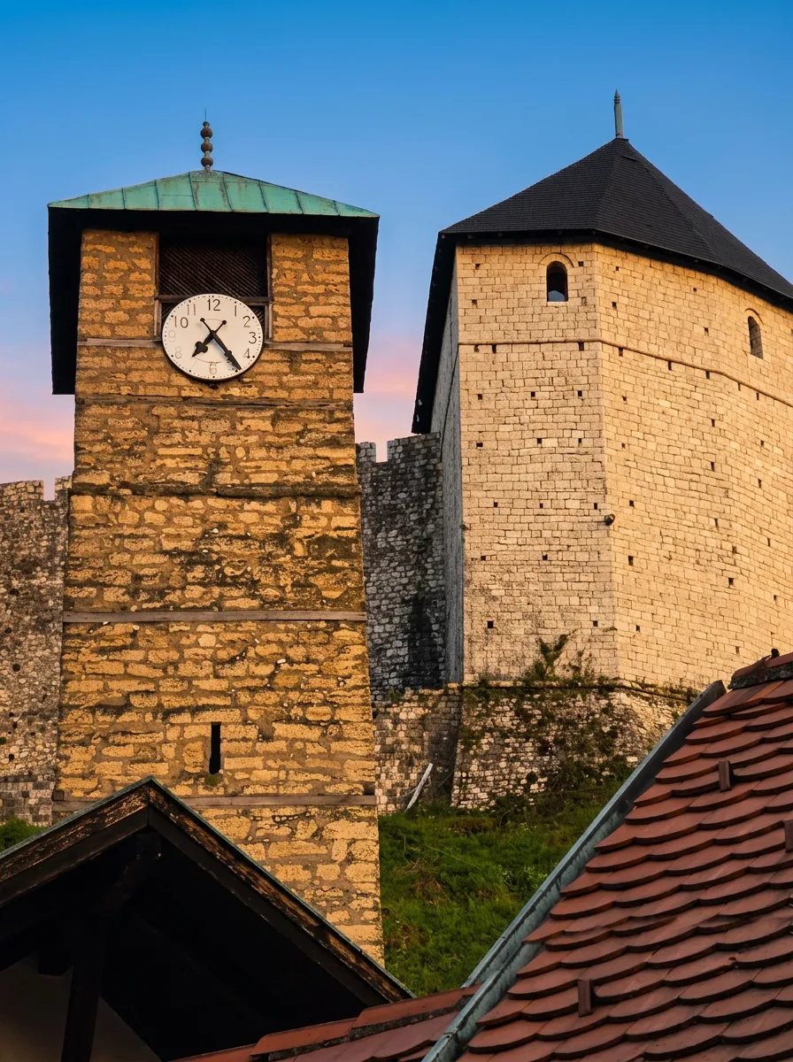 Detaillierter Blick auf den markanten steinernen Uhrturm mit Uhr und den massiven Turm der Festung in Tešanj unter einem Abendhimmel in zarten Rosatönen