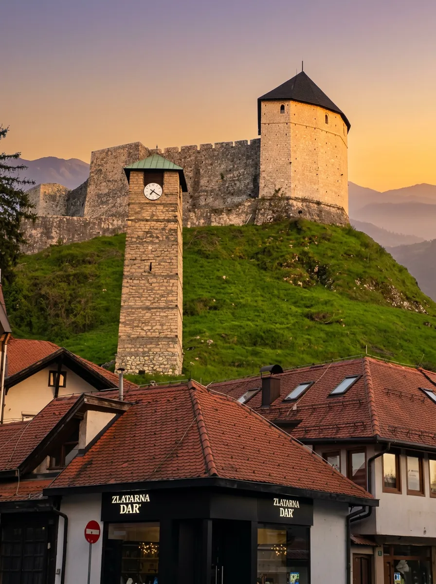 Historischer steinerner Uhrturm und die Mauern der Festung Tešanj auf einem grünen Hügel über den traditionellen roten Dächern der Häuser im alten Teil von Tešanj bei Sonnenuntergang
