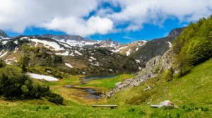 Mirno planinsko jezero na Treskavici okruženo zelenim livadama i snijegom na vrhovima