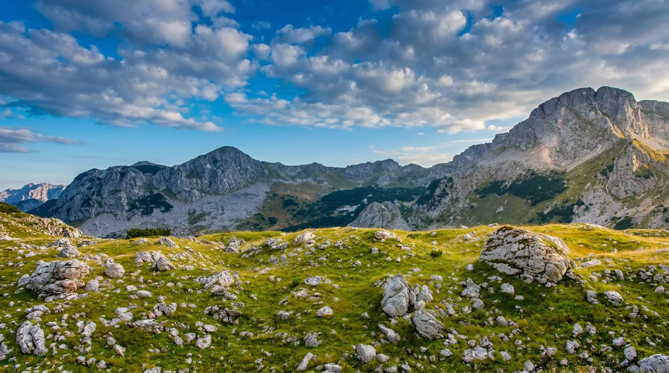 Panoramski pogled na stjenovite vrhove i pejzaž planine Treskavice pod vedrim nebom