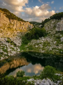Pogled na stjenovite obale i refleksiju neba u mirnoj vodi jezera na planini Treskavici