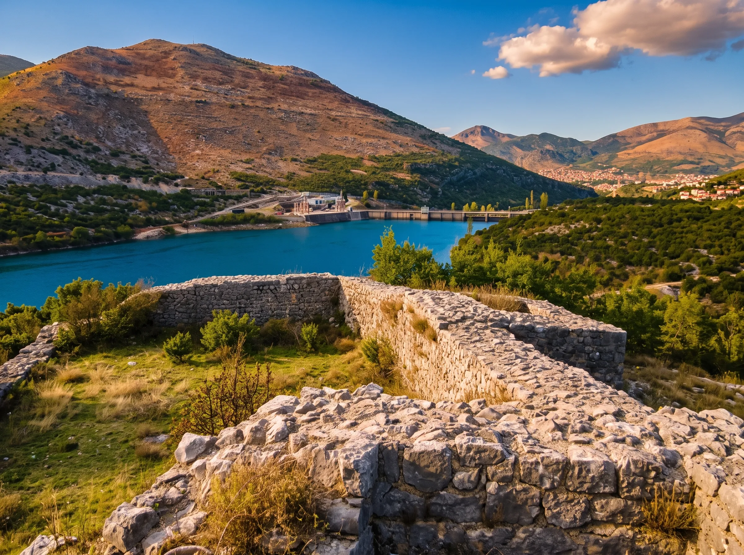 Steinreste der mittelalterlichen Festung Mičevac mit Blick auf den Fluss Trebišnjica bei Trebinje