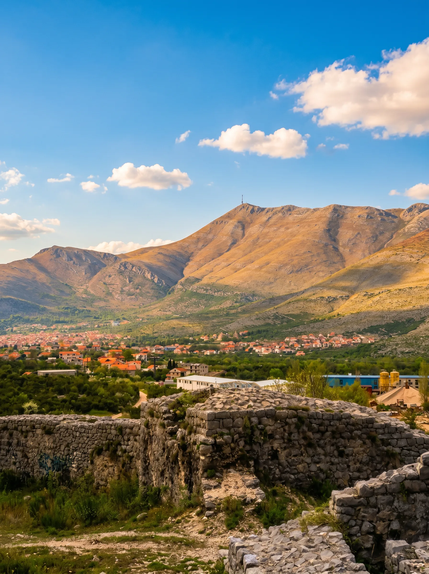 Panoramablick auf die Stadt Trebinje und die umliegenden Hügel vom Standort der historischen Festung Mičevac