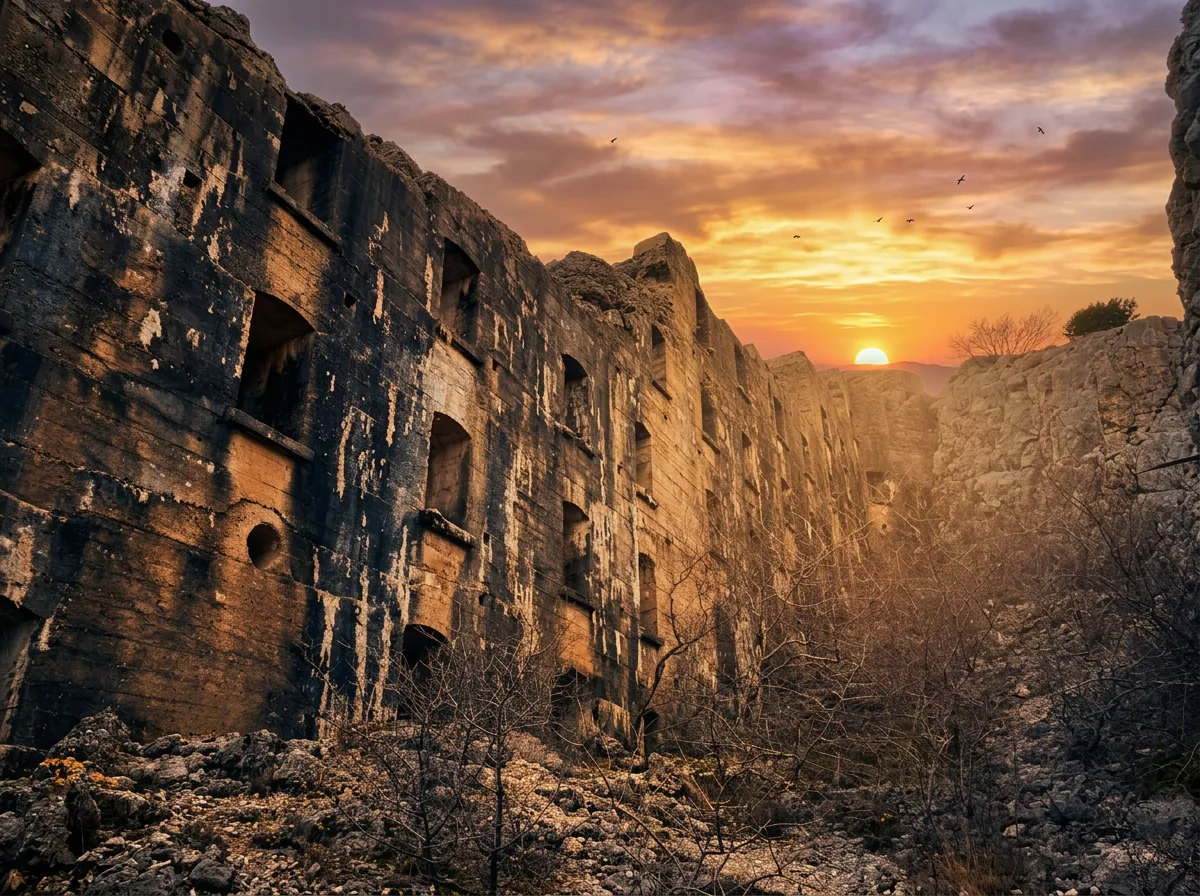 Monumentalni i oštećeni kameni zidovi istorijske tvrđave Strač sa prozorima i otvorima za strijelce, obasjani toplim zracima sunca koje zalazi iza horizonta