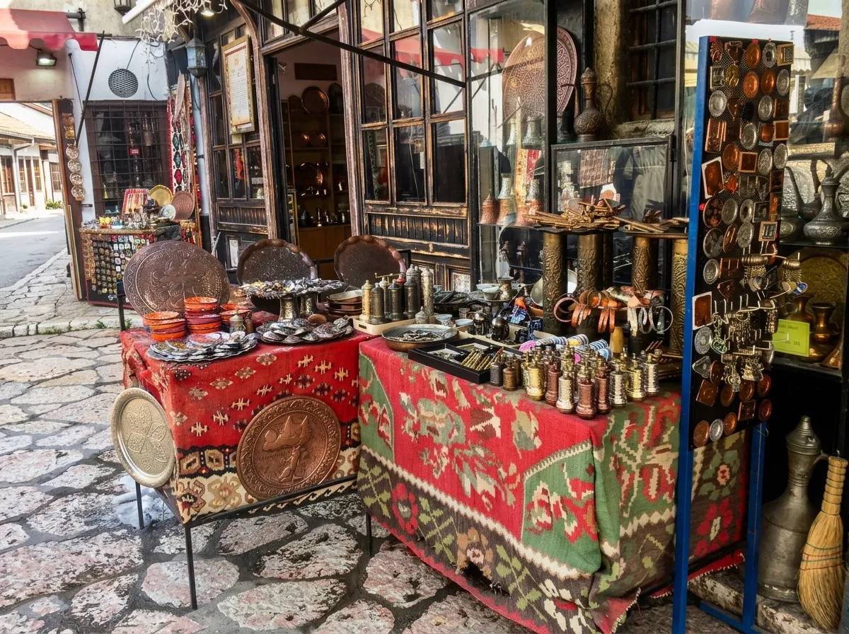 Close-up of stalls covered with red tablecloths with traditional patterns, displaying hand-forged souvenirs, džezvas, and fildžans in Kazandžiluk