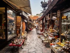 A narrow cobblestone street, Kazandžiluk, full of authentic craft shops and gleaming copper and bronze handicrafts under striped shop awnings
