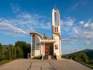 Facciata anteriore della chiesa cattolica di Sant'Elia Profeta con evidenti linee del tetto semicircolari, grandi porte d'ingresso in legno e un campanile aperto unico sotto un cielo azzurro e limpido
