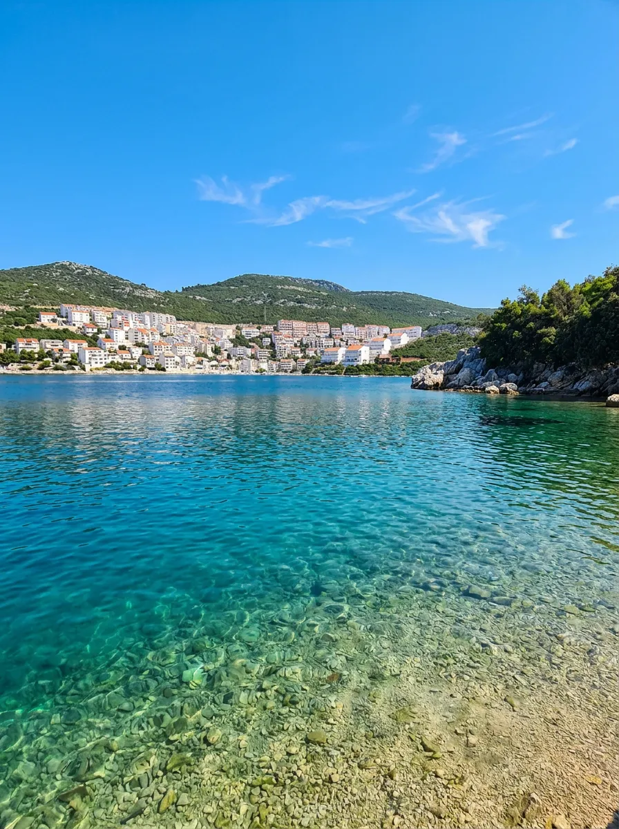 View from the shore of clear turquoise water with a visible stone seabed, with a panorama of Neum's hotels and apartments in the distance under a clear sky
