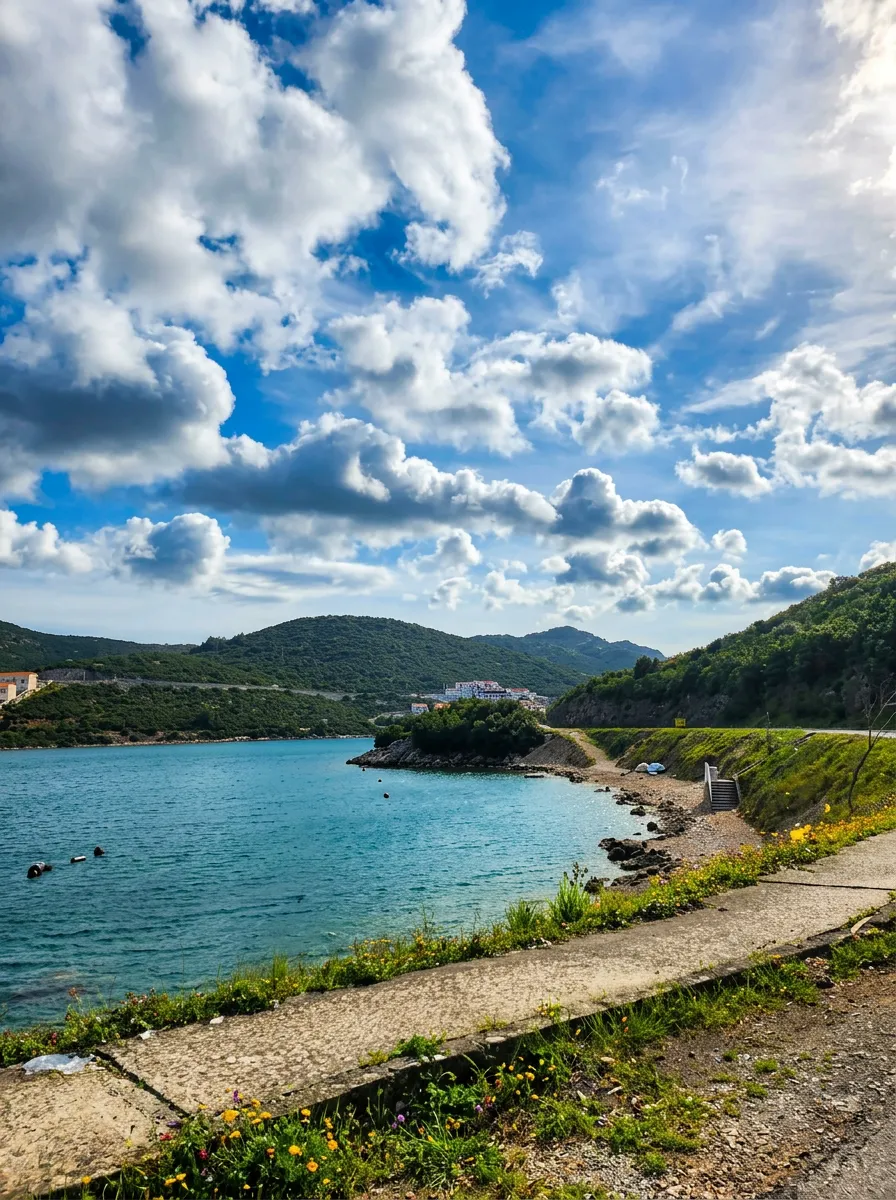 View from the hilltop and coastal path over the calm, semicircular cove of Meredek Beach, surrounded by green Mediterranean hills under a mostly cloudy sky